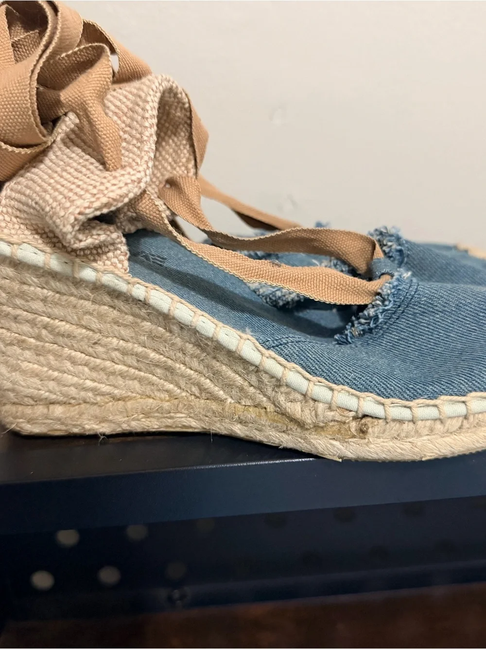 Toms Blue Canvas Espadrille Wrap Sandals with Brown Ties